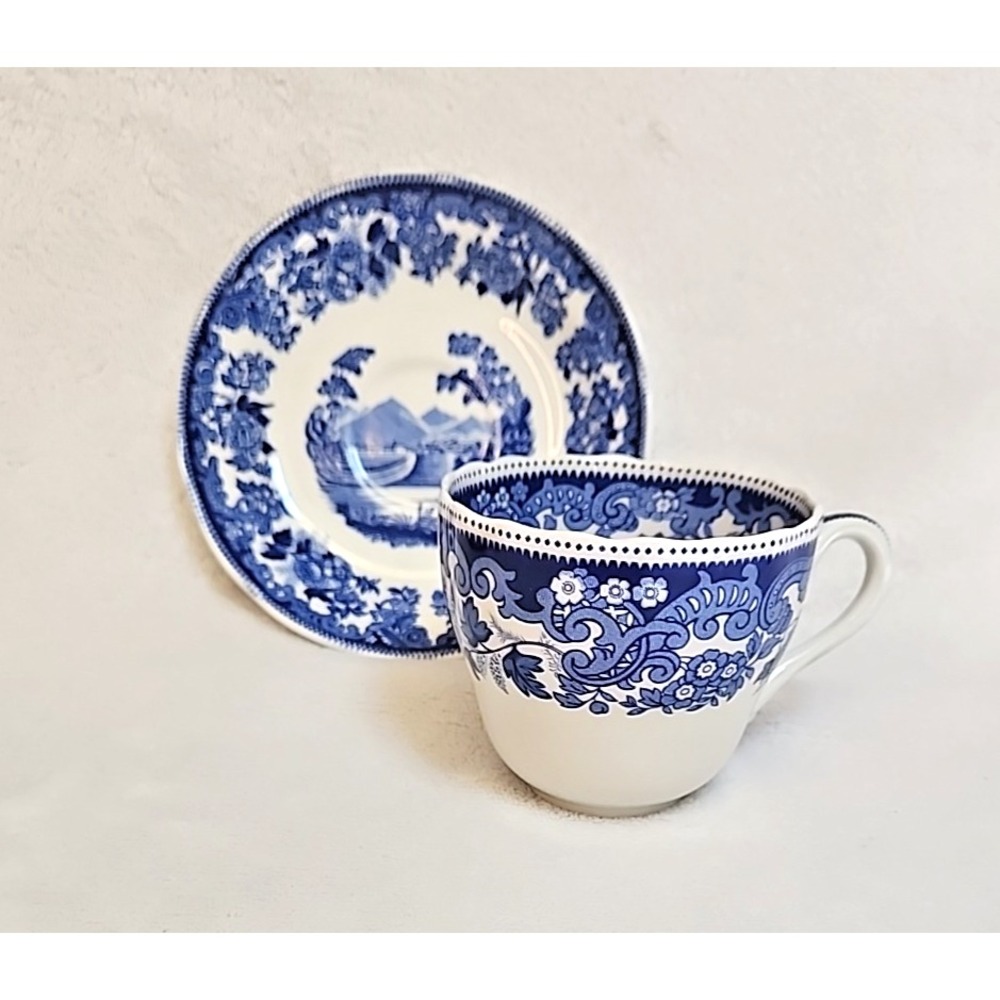 Spode Jane Seymour St. Catherine's Court Blue Transferware‎ Flat Cup & Saucer